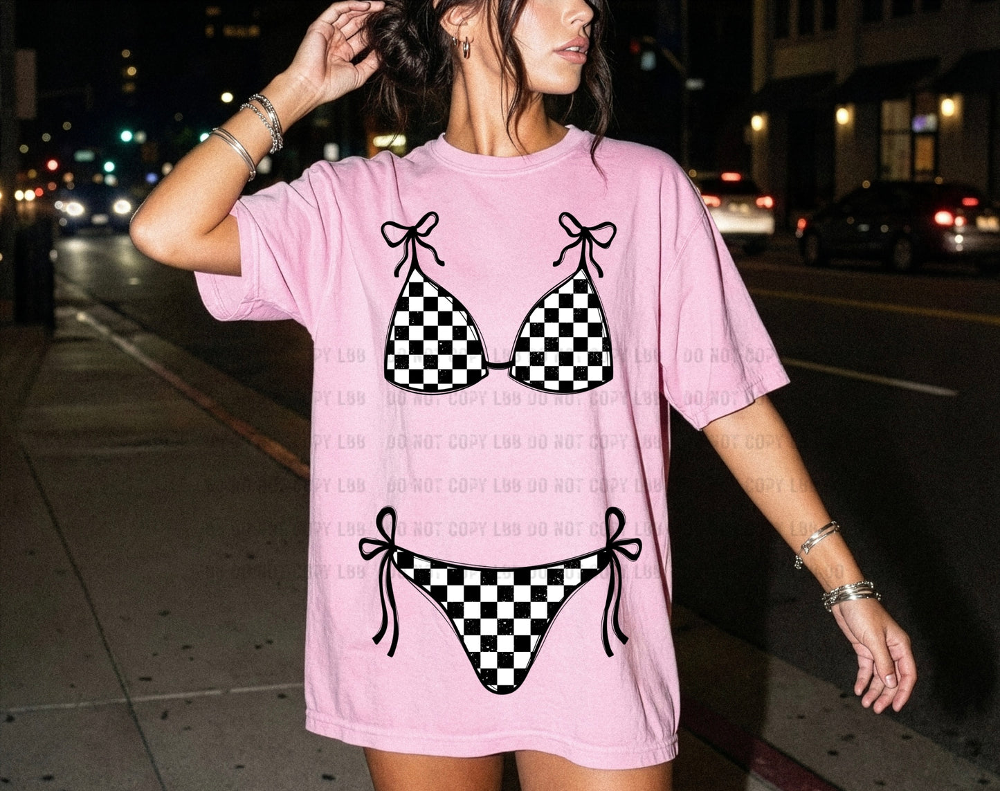 Checkered Print Faux Bikini Pink Tee