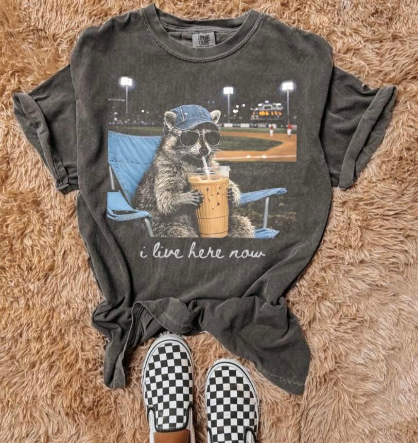 Raccoons Baseball I Live Here Now Tee