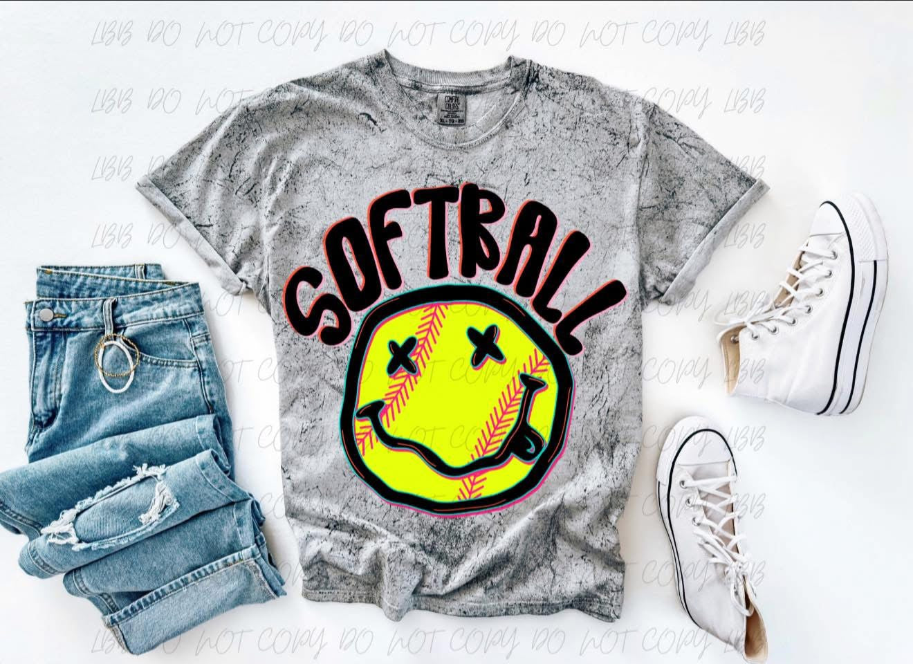 Acid wash Softball Smiley Tee
