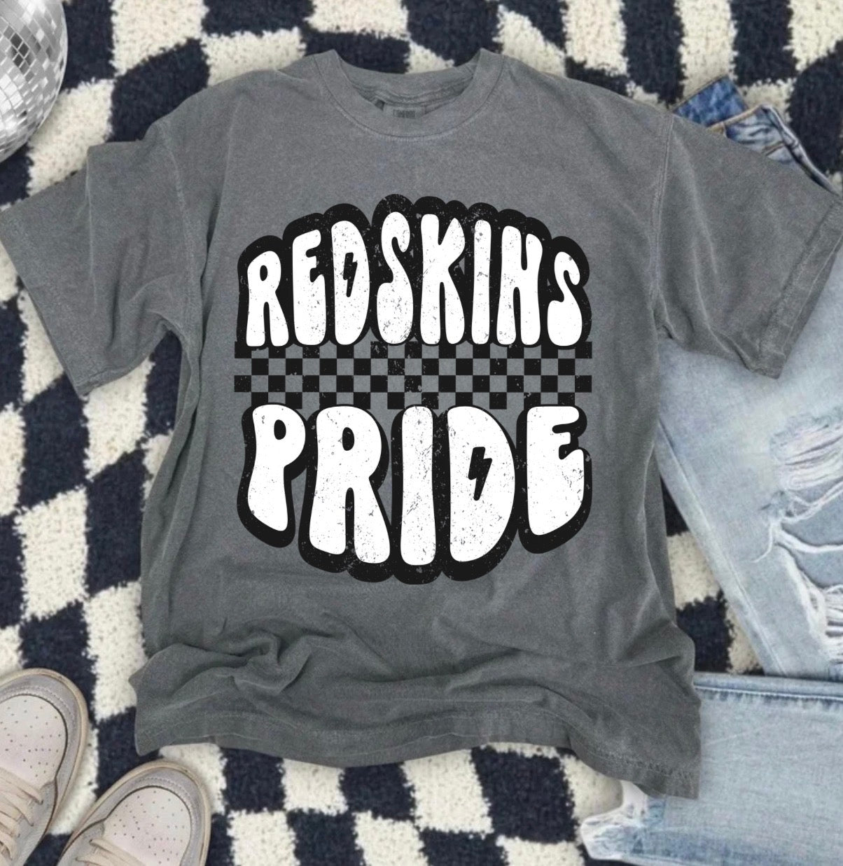 Redskins Pride Bubble Font Checkered Pepper Tee