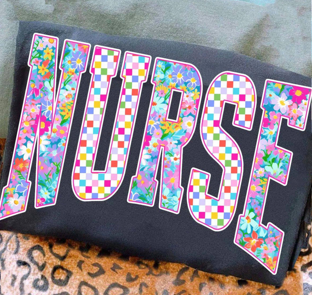 Floral and Checkered Letters Nurse Tee