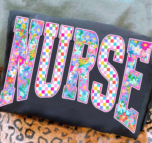 Floral and Checkered Letters Nurse Tee