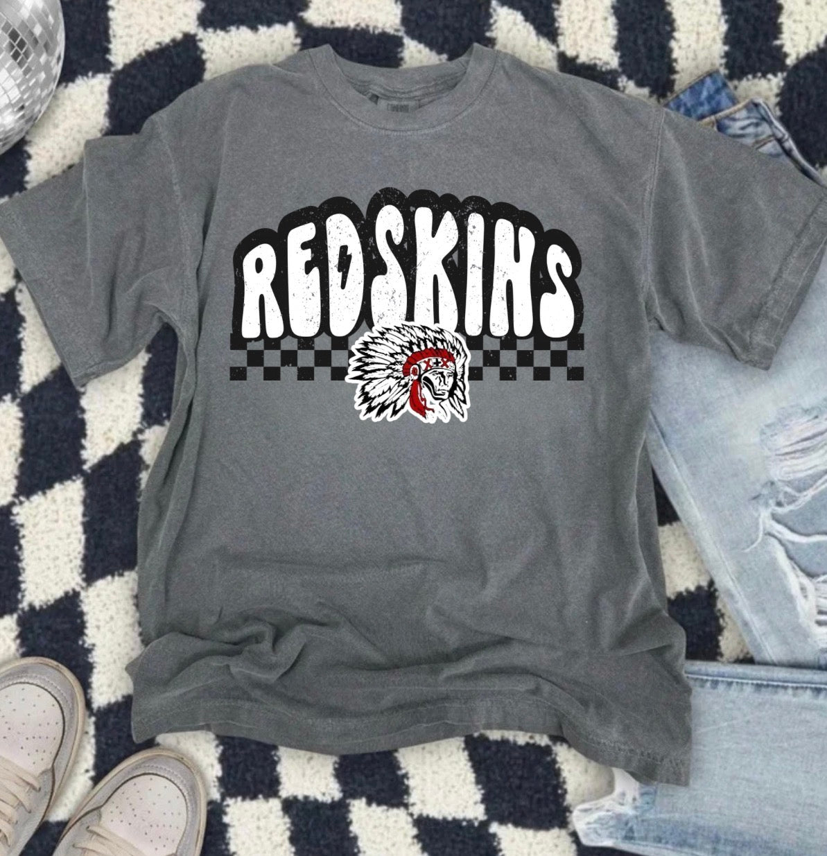 Redskins Bubble Font Checkered Pepper Tee