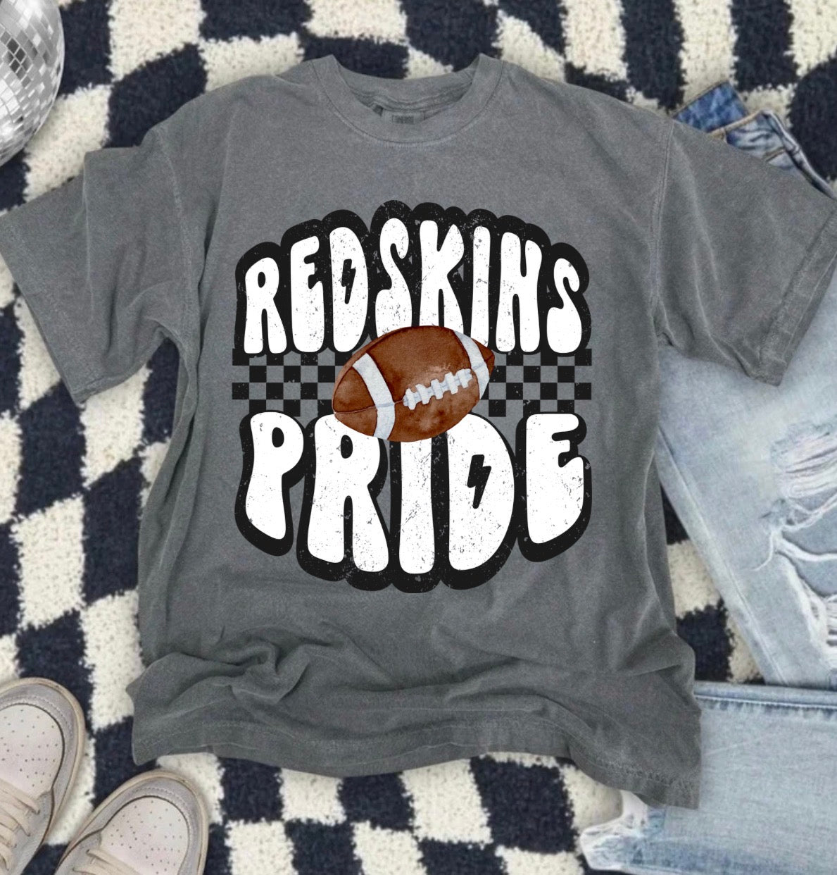Redskins Bubble Font Football Checkered Pepper Tee