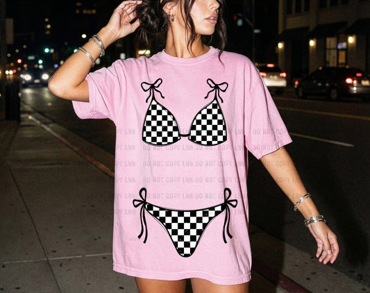 Checkered Print Faux Bikini Pink Tee