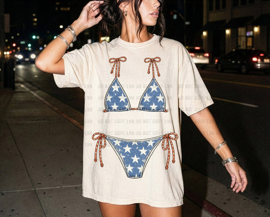 Stars Print Faux Bikini ivory Tee