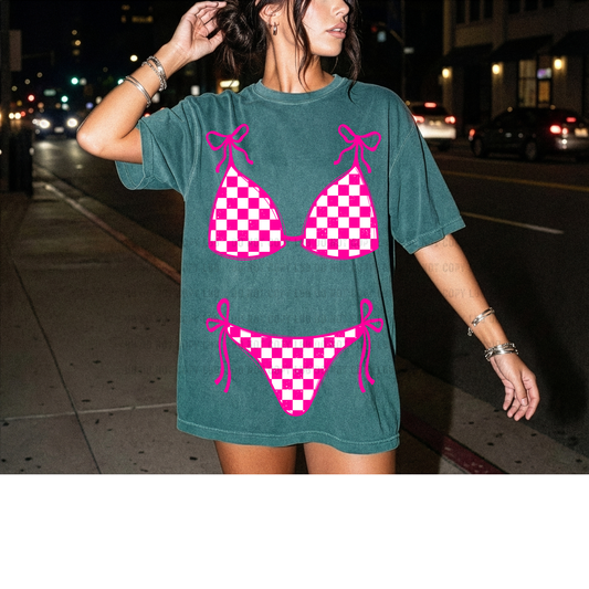 Pink Checkered Print Faux Bikini Teal Tee